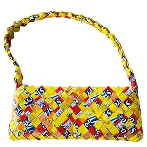 Handwoven Yellow Recycled-Print Shoulder Bag